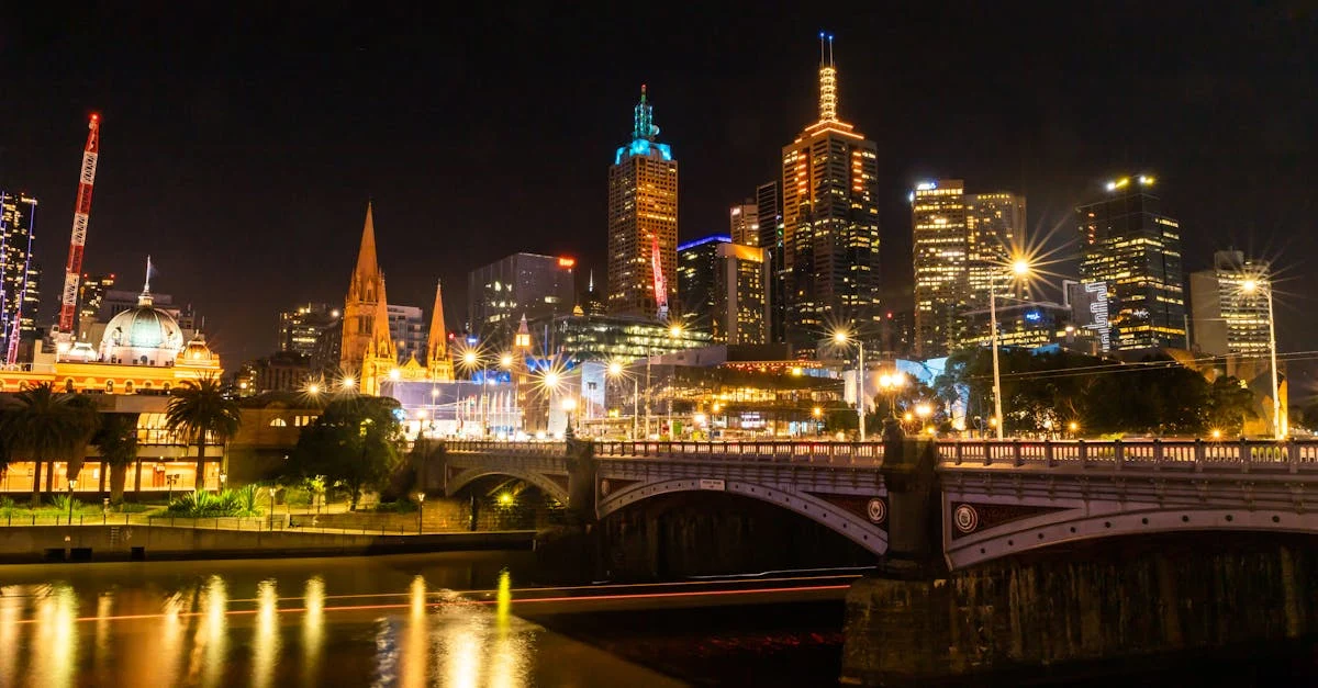 Vibrant Melbourne cityscape at night with illuminated buildings and reflections on the Yarra River.